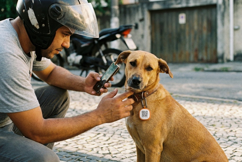 Na tag tem um QR Code gravado. Qualquer pessoa aponta o celular e abre a página do seu animal: o nome, a foto, o que ele tem de especial, o seu telefone e o seu endereço.